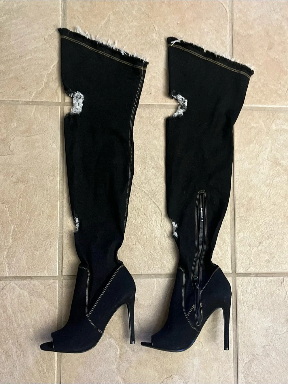Black Stiletto High Heel Thigh High Peep Toe Stretch Black Denim Ripped Boots 8